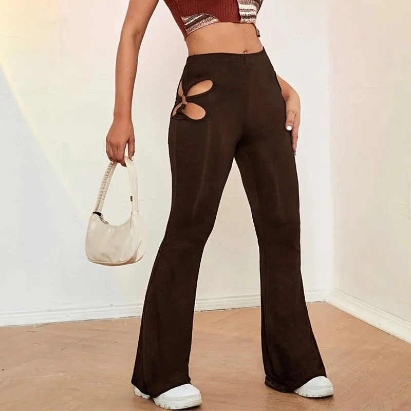 Korean Fashion 2023 Women's Hollow Out Pants Wide Leg Pants Casual Flare Pant High Waist Loose Trousers Black Red Green Brown