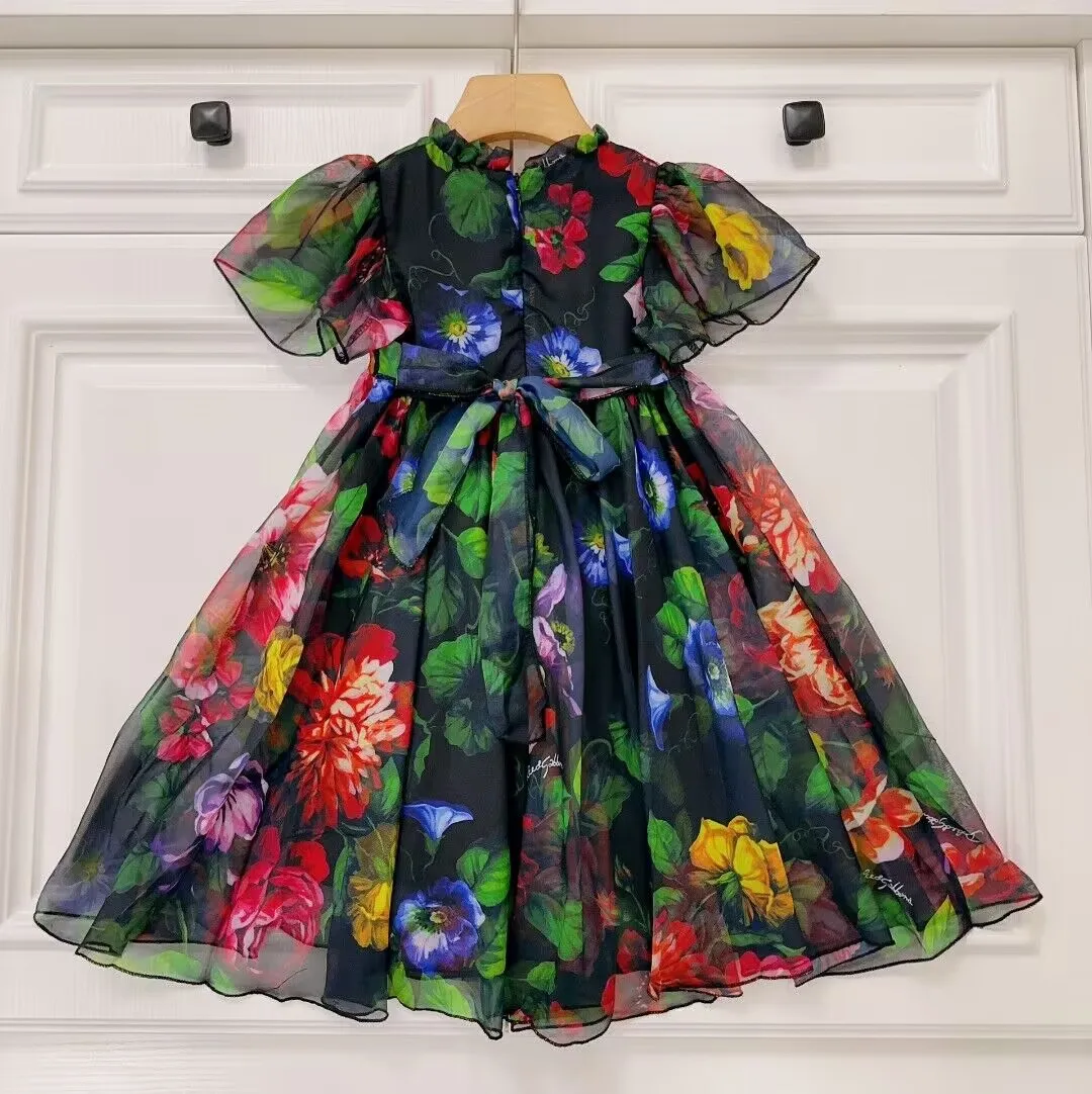 فستان أسود بأكمام قصيرة للفتيات ، ملابس أطفال ، لطيف ، تصميم زهرة ، أميرة ، الصيف