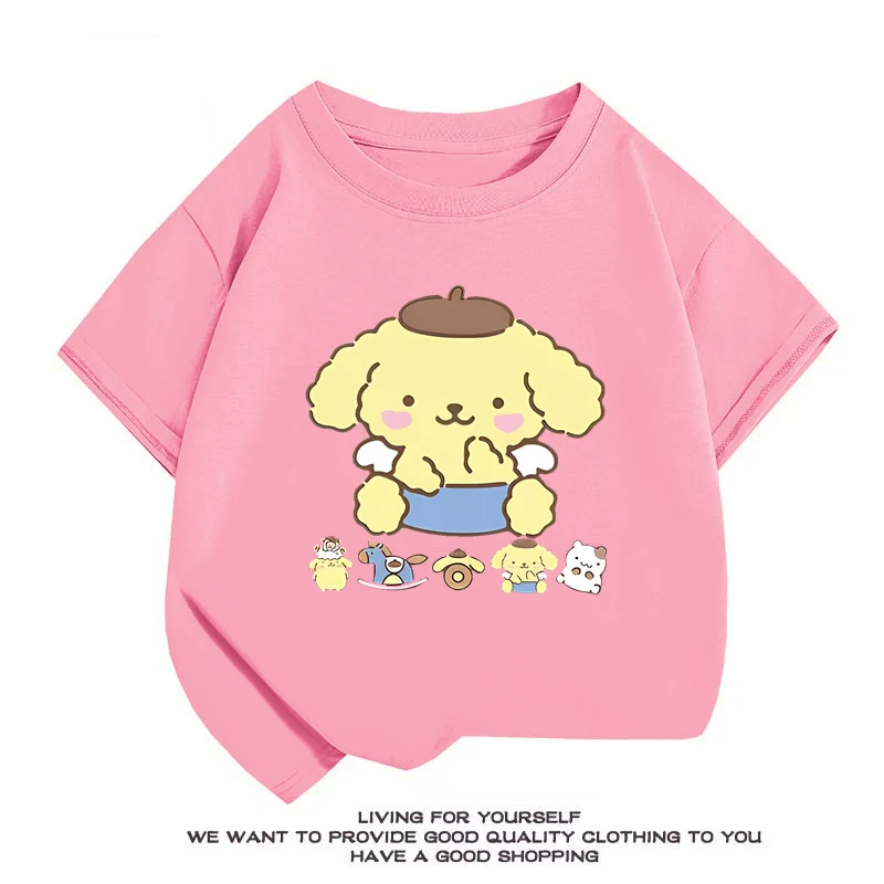 Summer New Kids Sanrio Cartoon Print T-shirt Pompompurin Children's Short sleeved Top O-Neck 100Cotton Boys And Girls Tee shirts 3