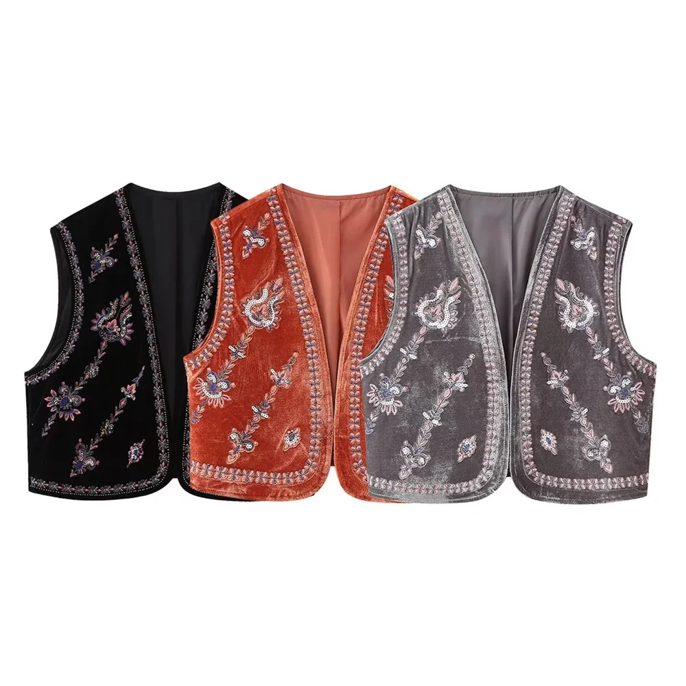 Winter New Women's Casual Loose Retro Short Beaded Embroidered Velvet V-Neck Vest_voghion.com