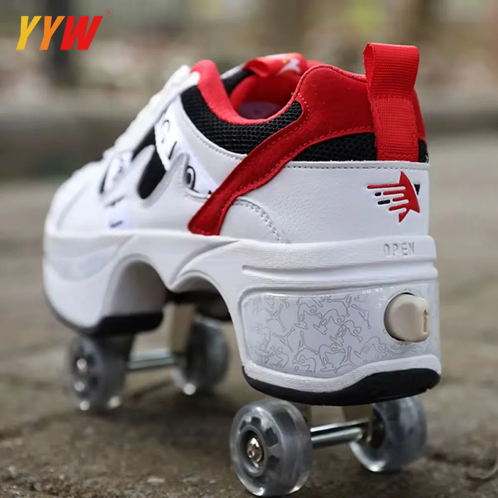 変形車輪複列スニーカー4輪通気性スケートローラーシューズ自動歩行見えないプーリー変形ローラー(ホワイトブルー、 38) ローラーシューズ 大人 ローラースケート 子供 4輪