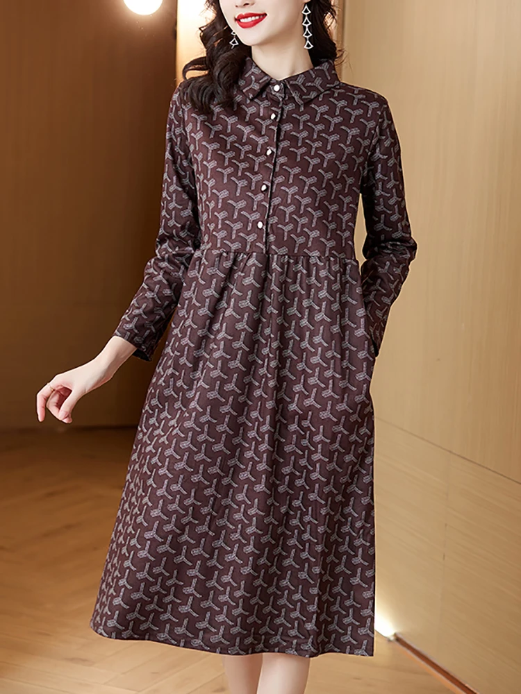 

2024 Print Long Sleeve Polo Collar Women's Dress Korean Vintage Luxury Party Vestidos Autumn Winter Elegant Casual Home Dresses