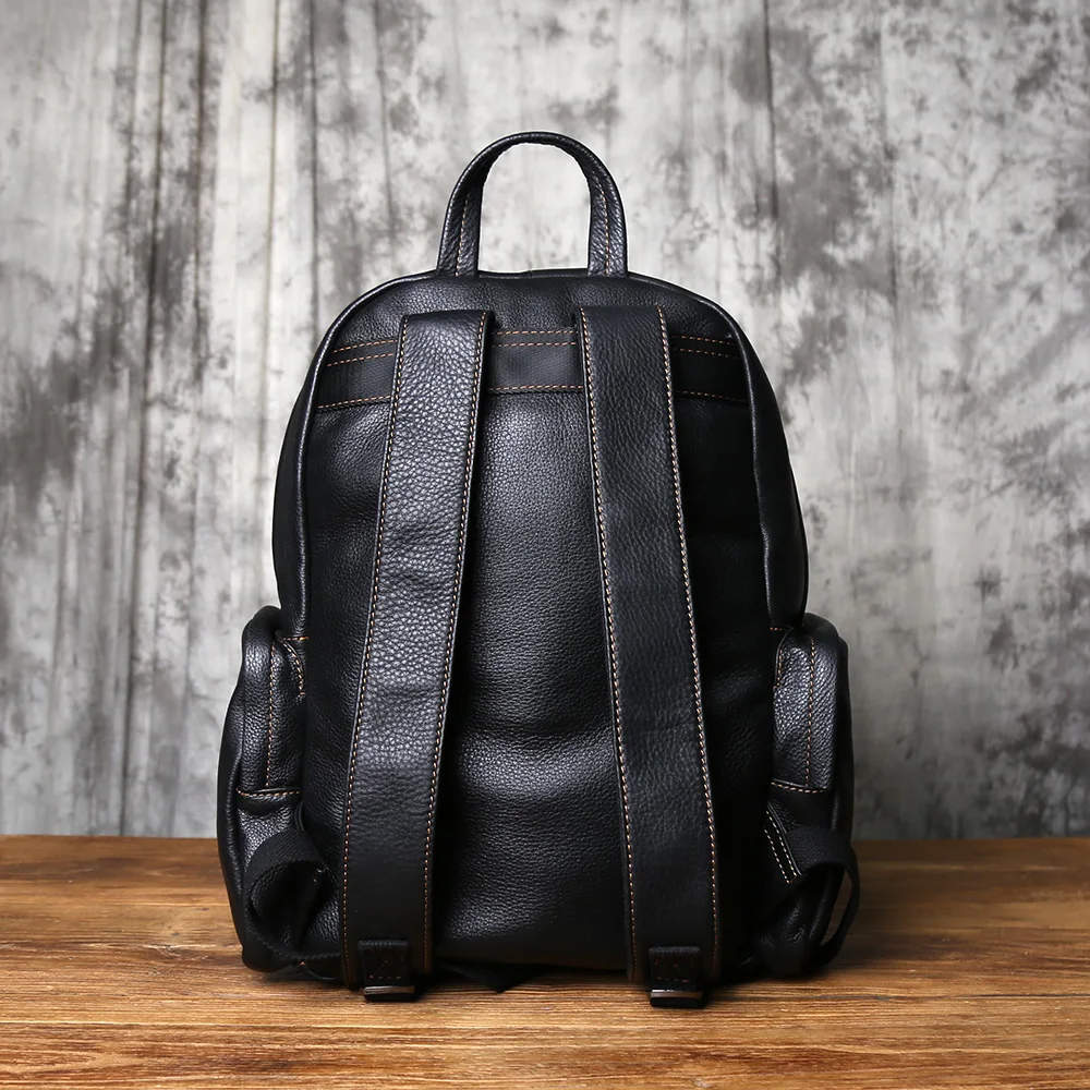 NZPJ Leather Men's Backpack Natural Cowhide Schoolbag Casual Travel Bag Black Fashion Computer Bag Capacity 16 Inch Laptop