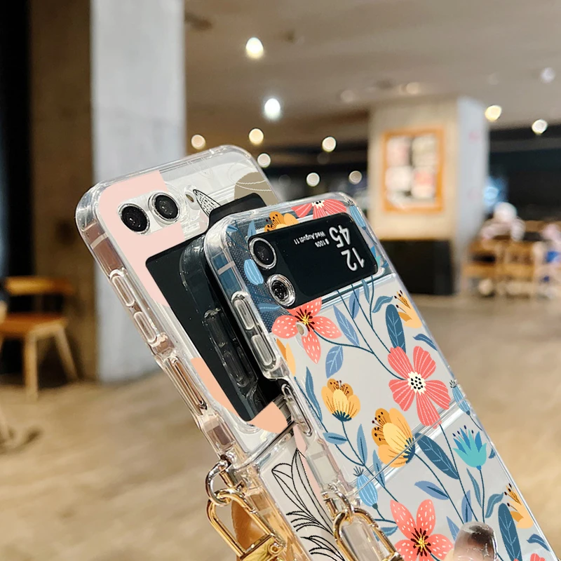 Silikonski ovitek s cvetličnim potiskom za Samsung Galaxy Z Flip 6 5 4 3 5G, zložljiv, z mehko kovinsko vrvico za Samsung Z Flip5._voghion.com
