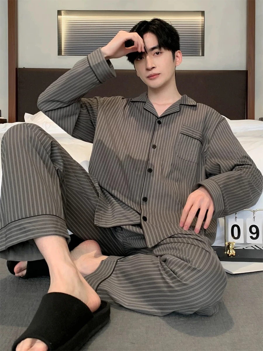 Men Pyjamas Spring Autumn Long-Sleeved Trousers Cardigan Loose Lapel Large Size