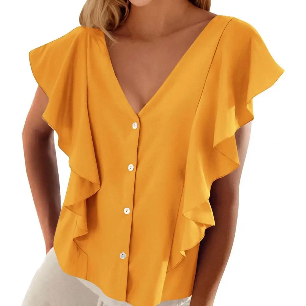 

Summer Women Shirt V-neck Ruffle Sleeve Loose Blouse Solid Color Single Breasted Tops camisas femininas