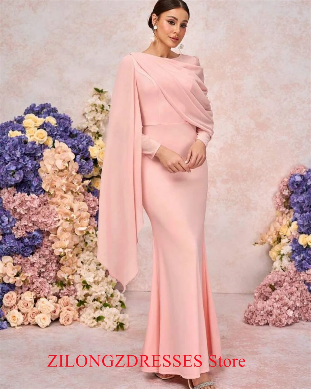 Customized Mermaid Simple Pink Jersey Evening Dress Elegant Long Sleeves Homecoming Dresses Modern Special Occasion Go