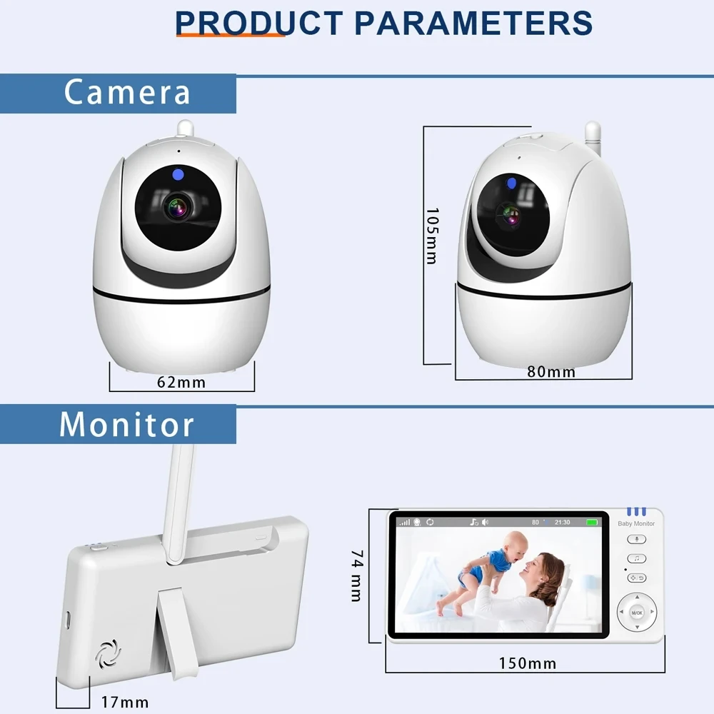 5.0 Inch 2.4G Wireless Video Baby Monitor 3500mAh Battery IPS Screen Nanny PTZ Camera 2-way Audio VOX Lullaby Up USB Charge wireless baby monitor video baby monitor