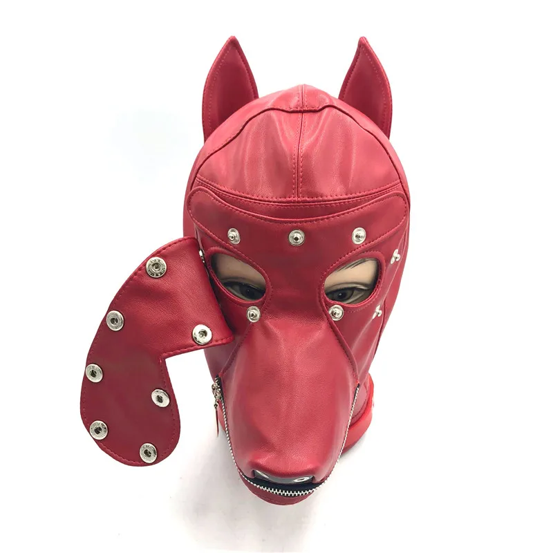 Männer maskierte PU-Leder-Hundekopfbedeckung BDSM Cosplay Reißverschluss offener Mund Augenbinde Maske Kapuze Feti_voghion.com