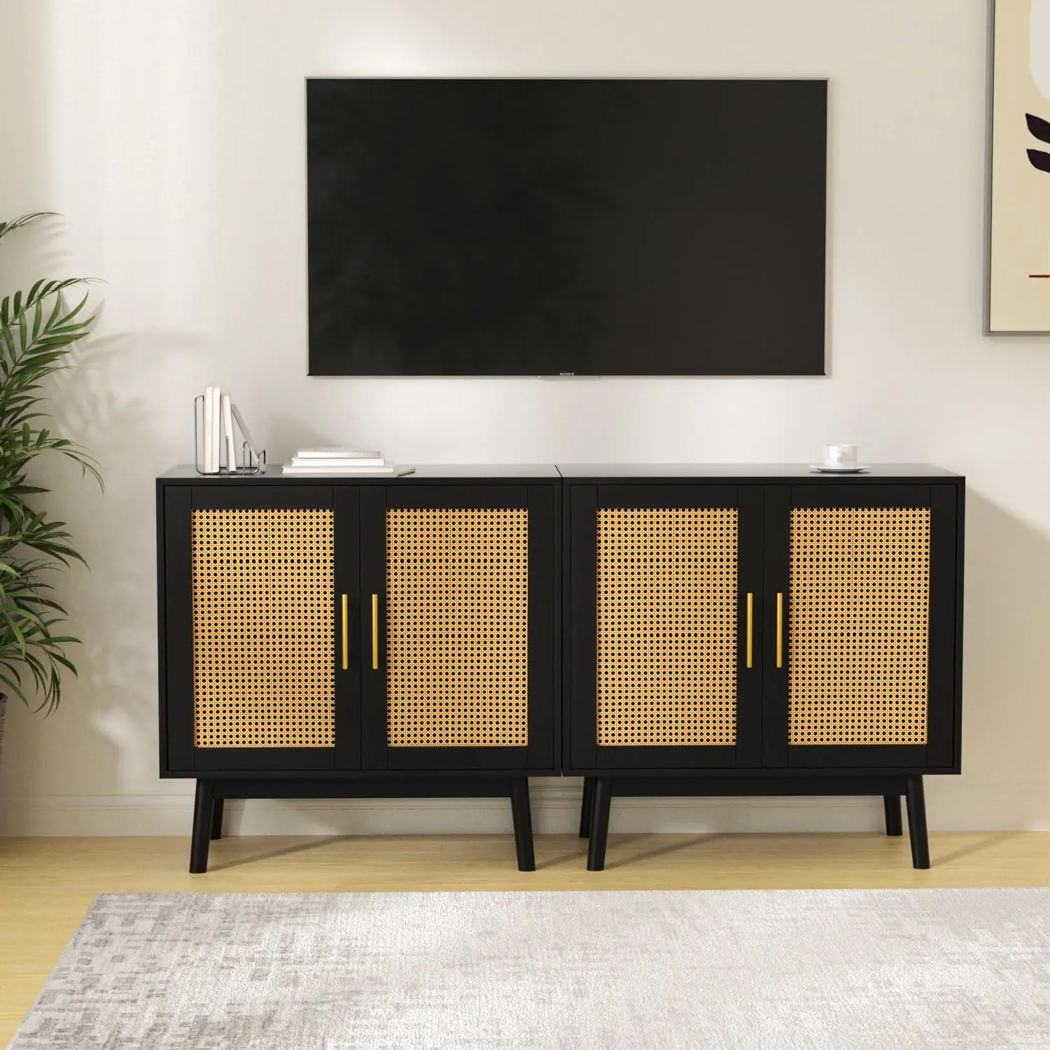 

Accent Storage Cabinet with Rattan Decor Doors,Buffet Sideboard Cabinet with Storage for Hallway, Living Room, Black