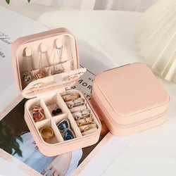 Portable PU Leather Travel Jewelry Case with Mirror and Zippered Organizer (Light pink)