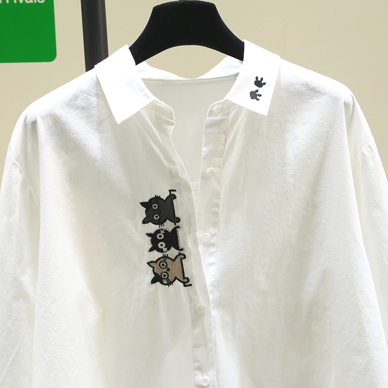 Spring and Autumn New Cute Cat Embroidery Pure Cotton Breathable Shirt for Women, Korean Style Casual Age-Reducing Versatile Student Layered Long-Sleeve White Shirt Top 3