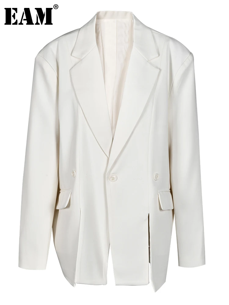 

[EAM] Women Beige Hem Slit Big Size Blazer New Lapel Long Sleeve Loose Fit Jacket Fashion Tide Spring Autumn 2023 CPG0367