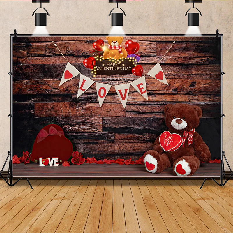 

SHENGYONGBAO Valentine's Day Photography Backdrops Props Bokeh Rose Wedding Red Heart Light Candy Wooden Wall Background AL-29