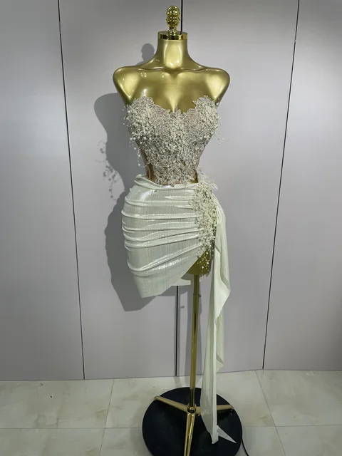 STOCK Luxury Shining Pearls Sexy Asymmetrical Skirt 2 PCS Set 2025 Women Evening Birthday Party Stage Dancer Performance Costume