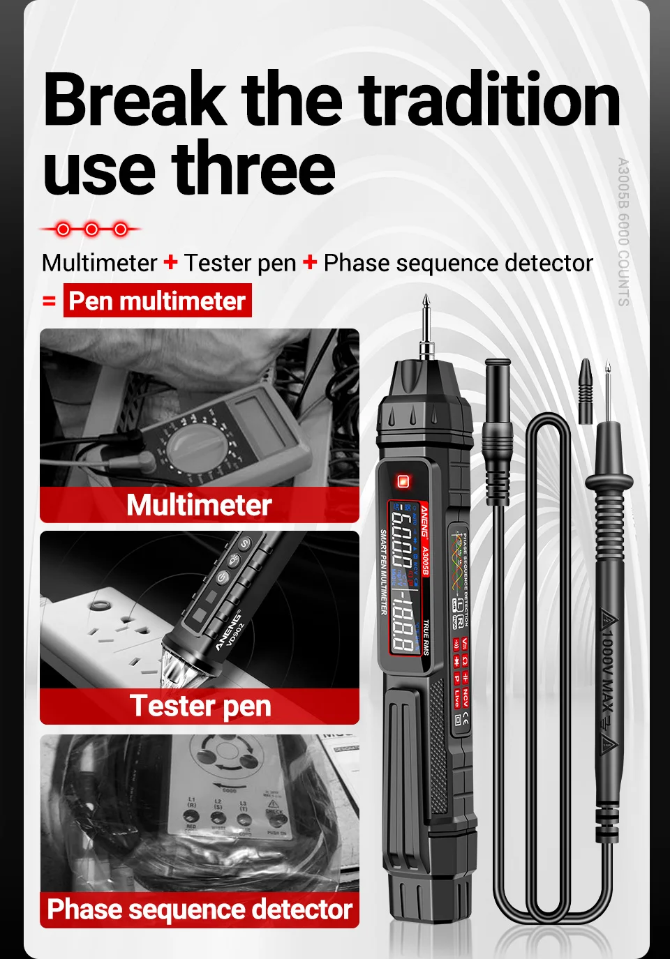Description Picture 6 of itemANENG A3005A/ B Multimetro Detections Pen Type True RMS Meter Multimeters Pen Auto AC/DC Voltage Instant Testers Detector Tools
