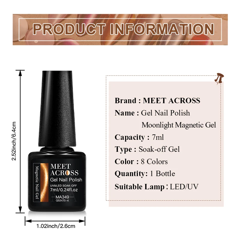 Description Picture 3 of itemMEET ACROSS Silver Moonlight Magnetic Gel Nail Polish Sparkling Cat Eye Effect Soak Off Gel Semi-Permanent nail polish Nail Art