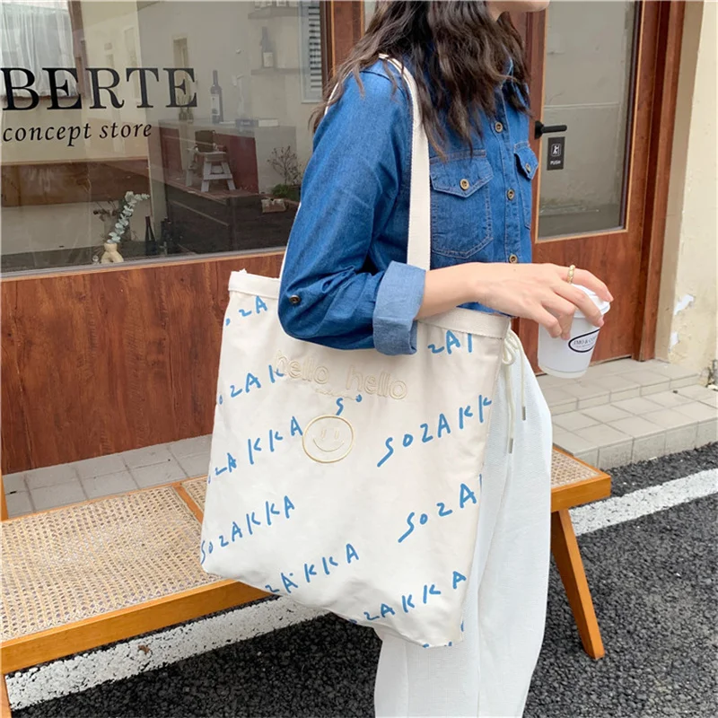 

Bags for Women 2022 Canvas Shoulder Bag Reusable Shopping Bags Korean Fashion Tote Embroidery Smiley embroidery Female Handbag
