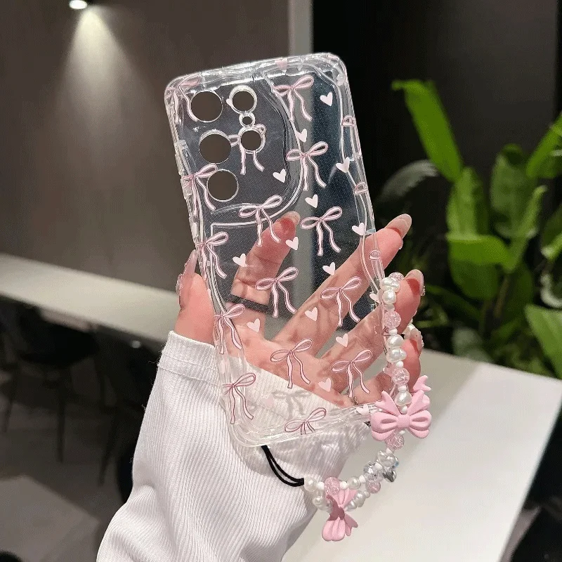 Elegant Pink Bowknot Chain Phone Case - Clear & Soft Cover