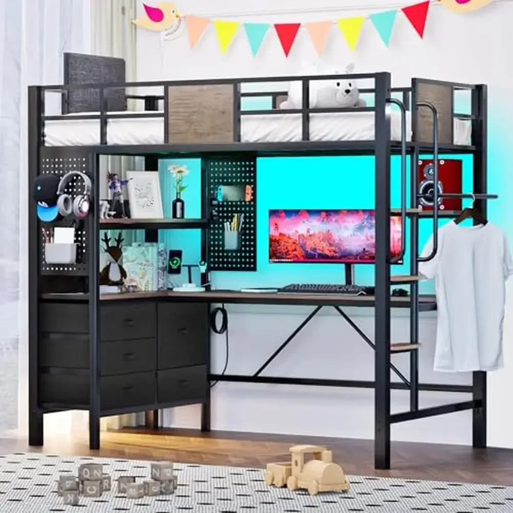 Twin Loft Bed with L-Shaped Desk Charging Station Storage Shelves LED Lights Music Sync Safe Guardrail & Wooden Ladder