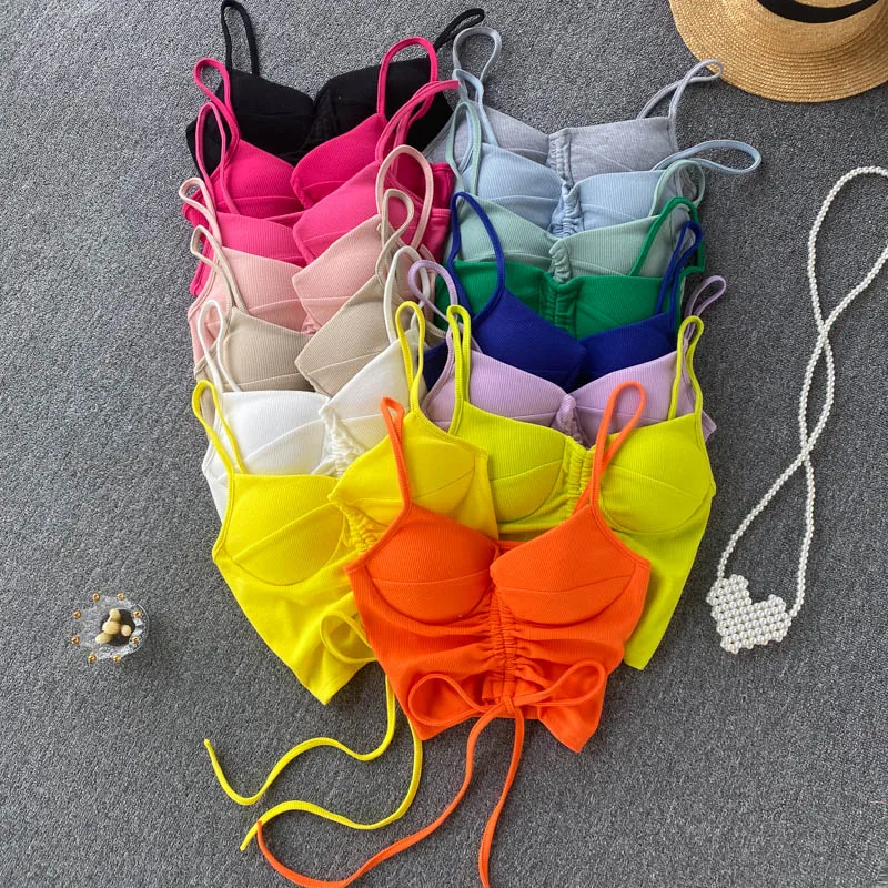 

Sexy Crop Top Womens Summer All-match Candy Color Ccheming Drawstring Navel Vest Women 2022 Tassel Short Tank Tee Bra Female Y2k