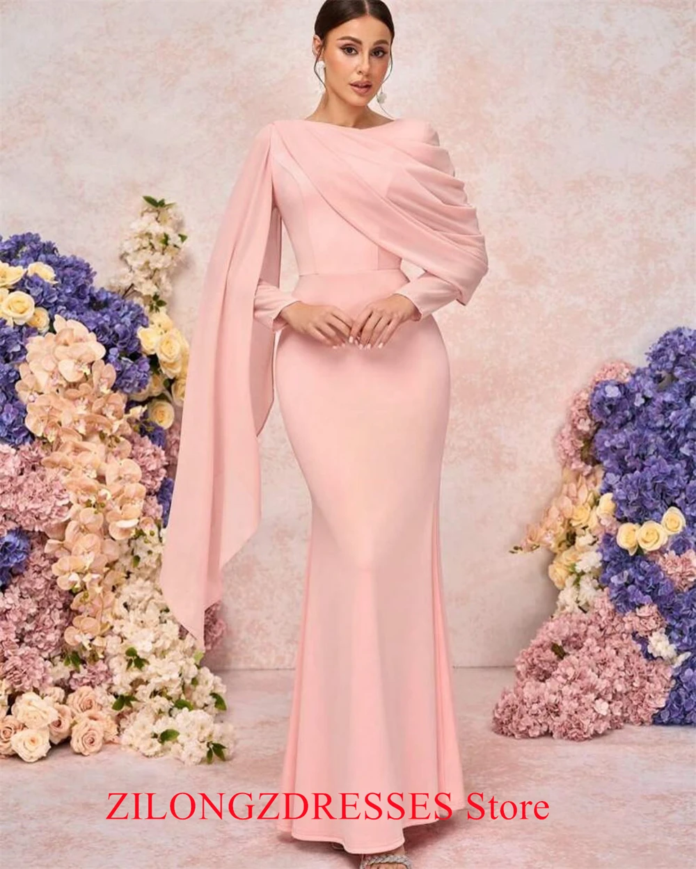 Customized Mermaid Simple Pink Jersey Evening Dress Elegant Long Sleeves Homecoming Dresses Modern Special Occasion Go