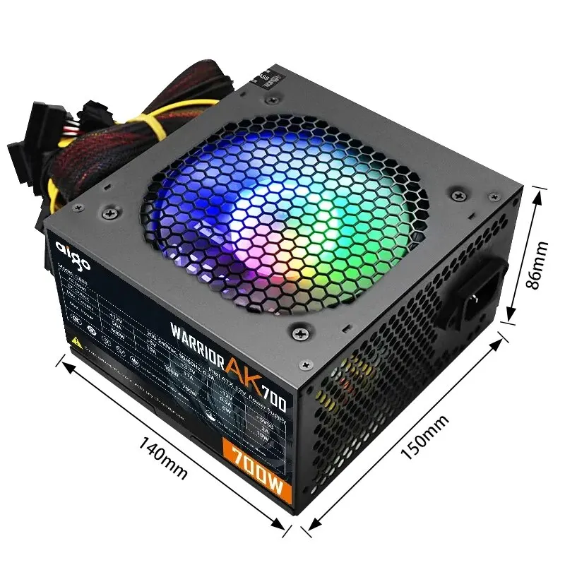 Aigo AK 700W PC PSU Power Supply Unit Black Gaming Quiet 120mm RGB Fan 24pin 12V ATX Desktop Computer Power Supply for BTC