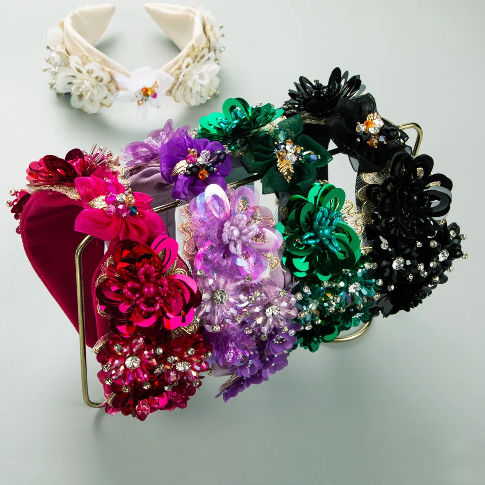 European and American Retro Baroque Hand-Stitched Crystal Flowers Headband Women's Wide-Brimmed Mesh Fashion Hair Accessories