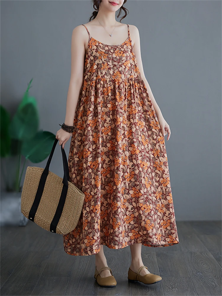 Sleeveless Strap Print Dresses For Women 2024 Summer Cotton Vintage Casual Loose Long Dress Femme Robe Beach Elegant Clothing