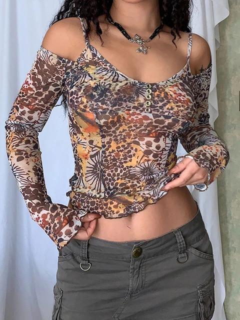 Særlig utålmodig favorit Fashion Vintage Women Long Sleeve Crop Tops Mesh Print Spaghetti Strap Cold  Shoulder T-Shirts Spring Slim Fit Shirts Streetwear - AliExpress