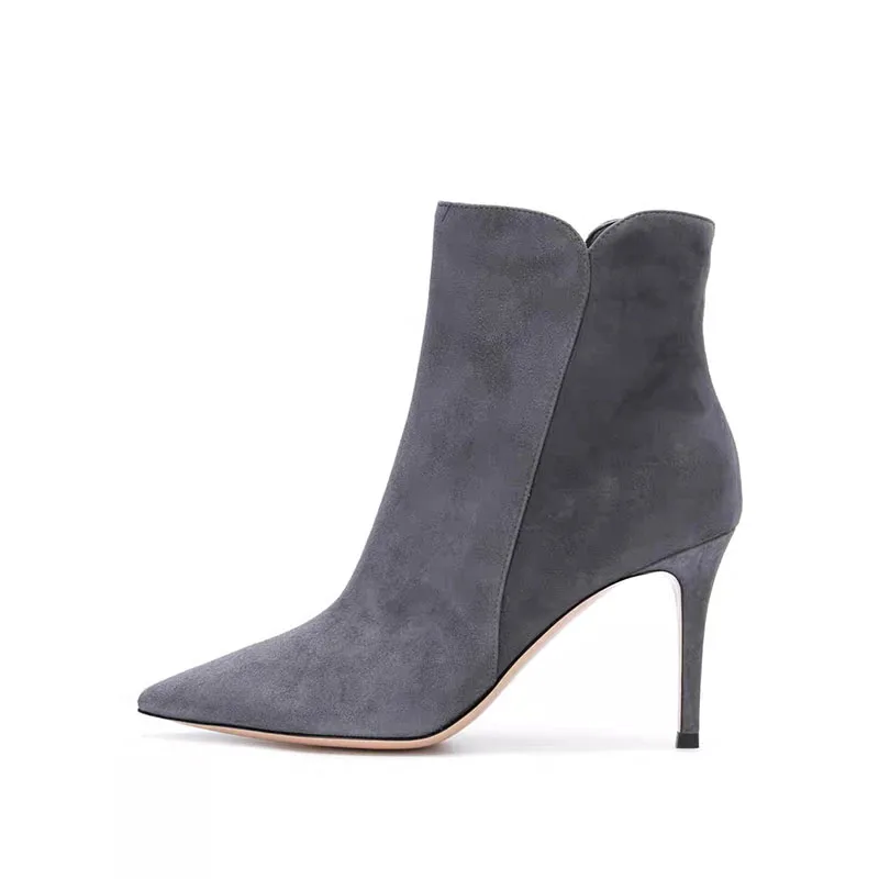 

Arden Furtado 2023 Woman's French grey suede Thin heels Short boots Pointed toe Side zipper High-heeled Modern boots large size