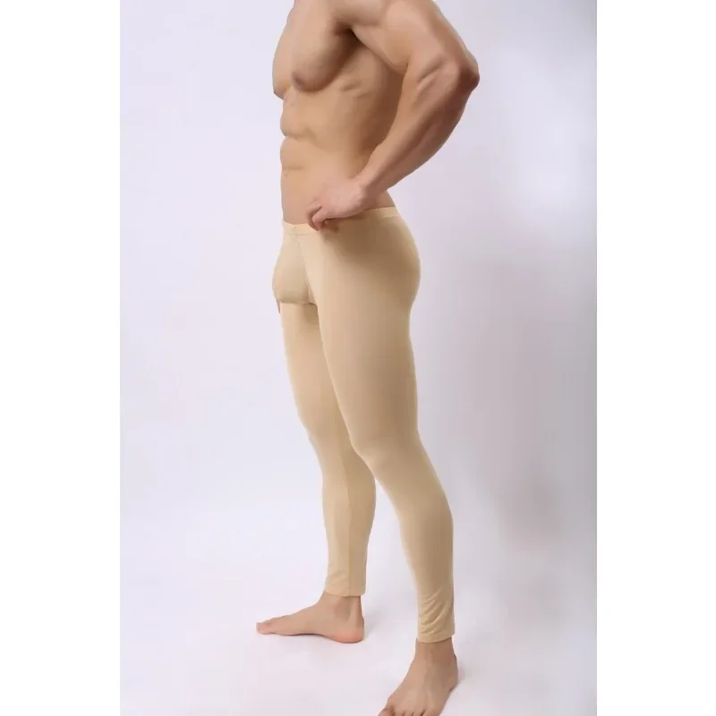Pink Men's Exotic Pants Ice Silk Leggings Long Johns Ultra-thin Male Pouch Underpants Shapewear Lingerie Pajama Bottom Nightwear