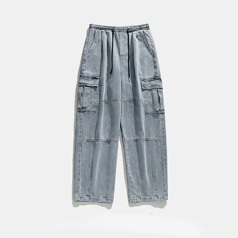 Summer Men's Straight Tube Double Stereoscopic Pocket Jeans Spring New Vintage Vintage Old Washing Overalls Trousers Men