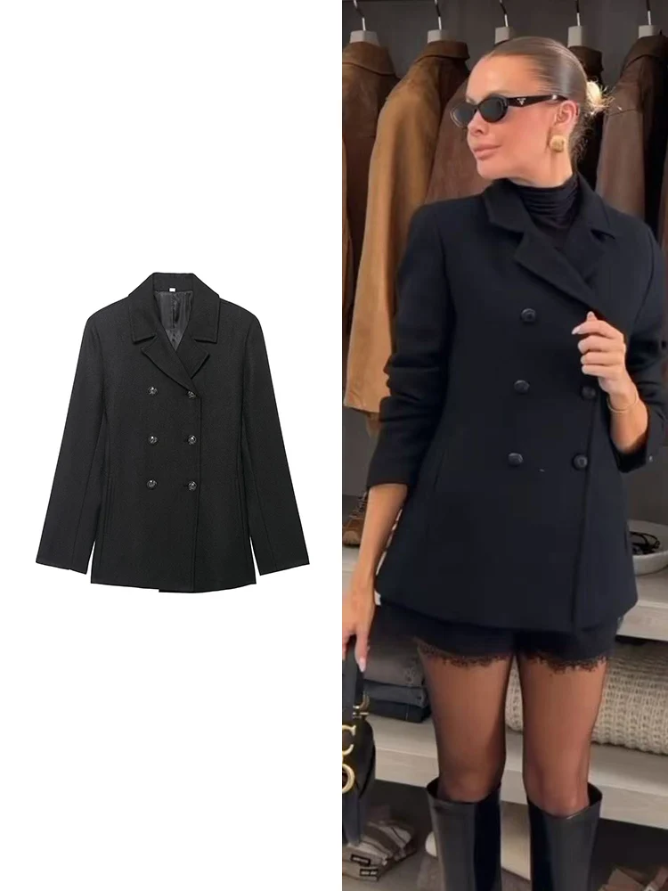 Autumn Winter Women Woolen Coats Fashion Slim-fit Double-Breasted Jacket Chic Lapel Warm Streetwear Lady Elegant Outerwear