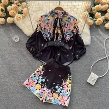  Runway Summer 2 Piece Outfits Women Bow Tie Neck Single Breasted Chiffon Shirts and High Waist Pockets Belt Short Set S6893 