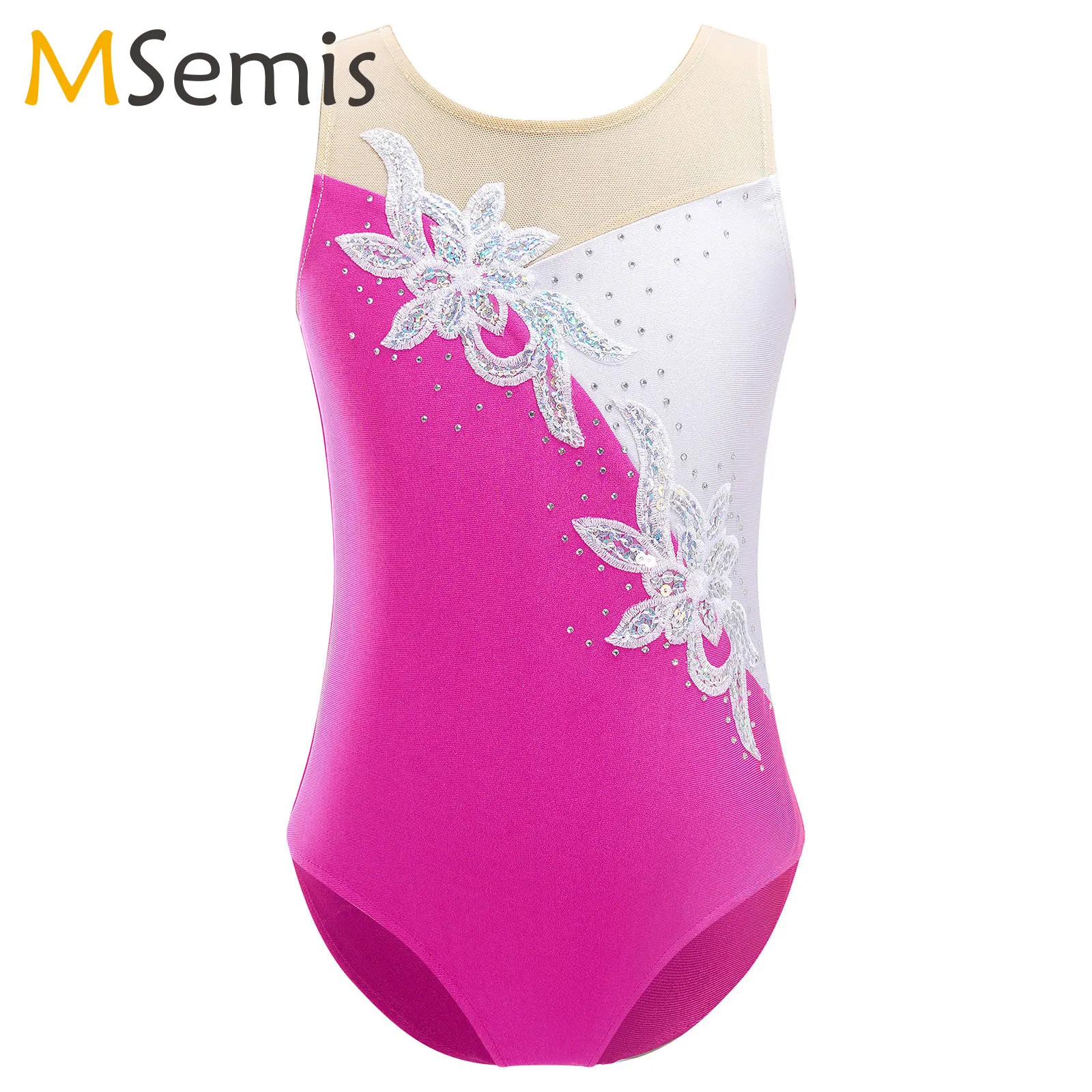 

Mesh Splice Sequins Metallic Gymnastics Leotard Ballet Dance Bodysuit Kids Girls Rhinestone Training Gymnastics Body Dancewear
