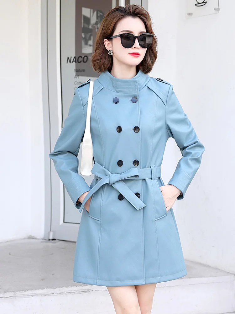 New Women Sheepskin Trench Coat Spring Autumn Fashion Stand Collar Slim Long Split Leather Tops Coat Casual Leather Outerwear