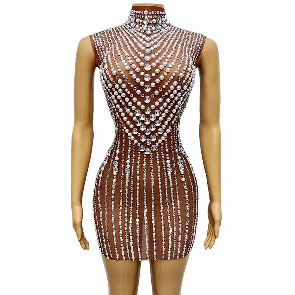 

Luxurious Rhinestones Pearl Sleeveless Mesh Bodycon Short Dress Singer Stage Costume Birthday Prom Evening Party Catwalk Dresses