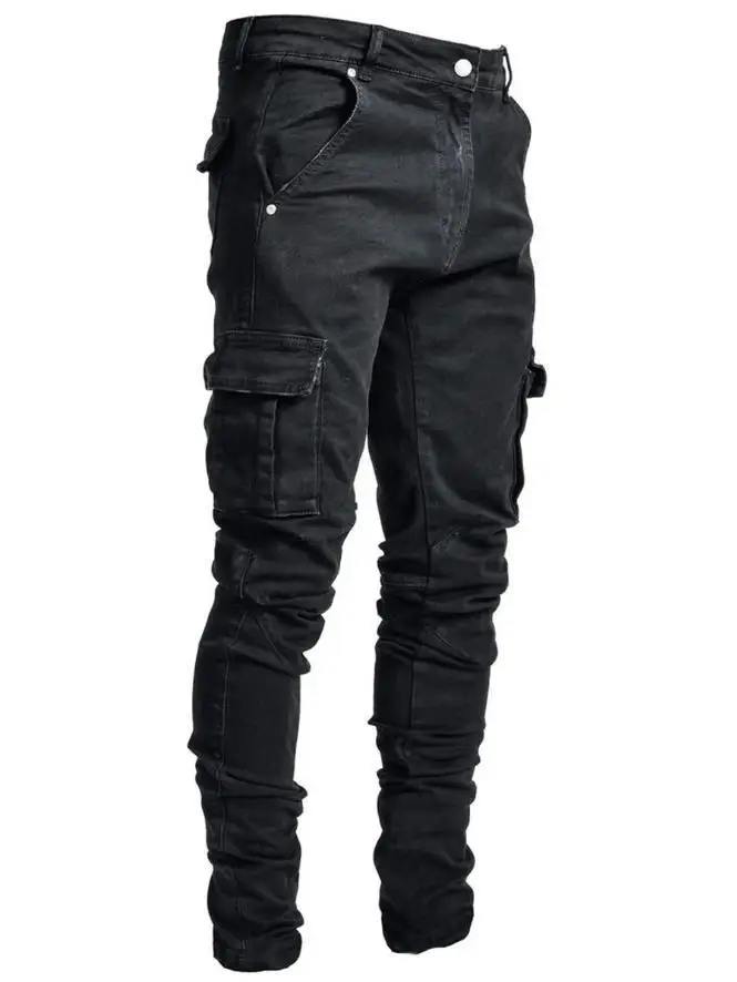 Mens Stretch Jeans Black Big Side Pockets Cargo Jeans Fashion