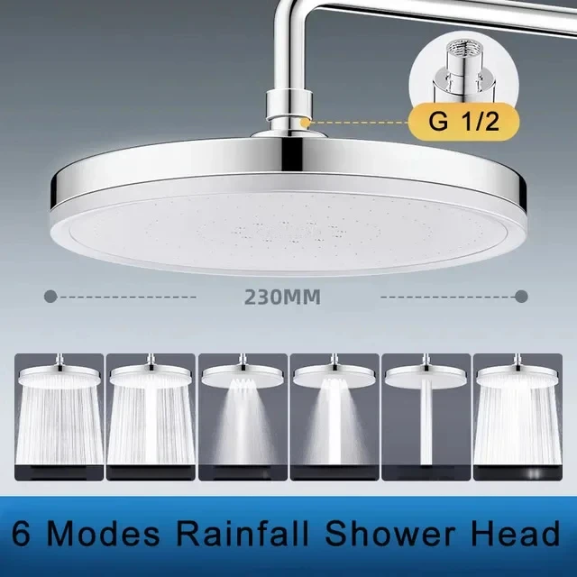 Enhanced Rainfall Shower Head - 230mm Big Panel, 6 Adjustable Modes, High Pressure Bathroom Accessory