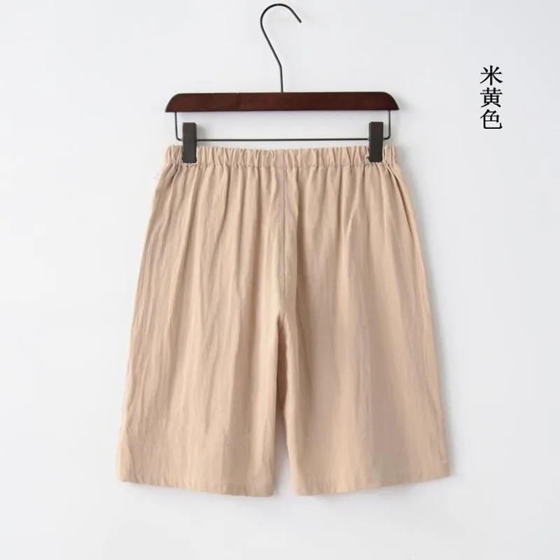 Chinese Style Men Summer Casual Cotton and Linen Elastic Waist Solid Color Extravasation Stay at Home Loose Affordable Shorts