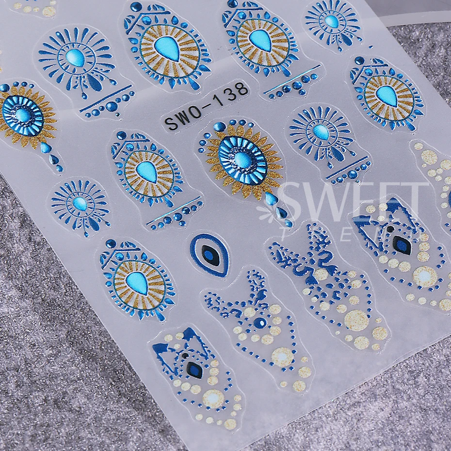 2pcs Nail Art Stickers White Blue Totem Petals Pattern Self-adhesive Nail Decals Bohemian Style DIY Manicure Decoration Sliders