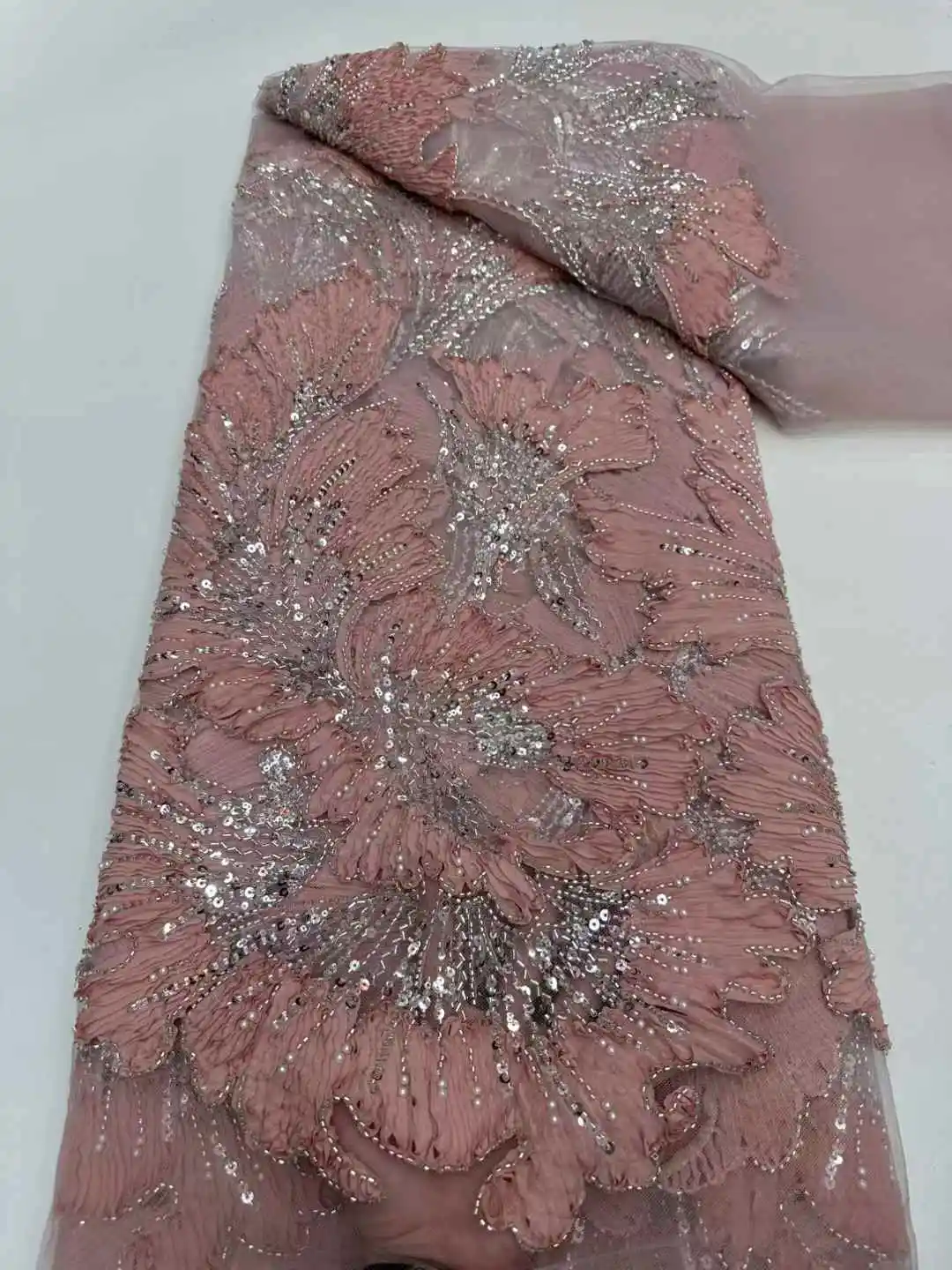 Luxury Handmade Embroidery Sequins Beaded Lace African Sequins Lace Fabric for Wedding Sewing