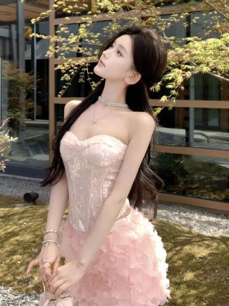 French Summer Woman Beige Pink Sequin Sexy Off Shoulder Elegant Strapless Tops And High Waist Pleated Short Skirt Two Piece Sets 5