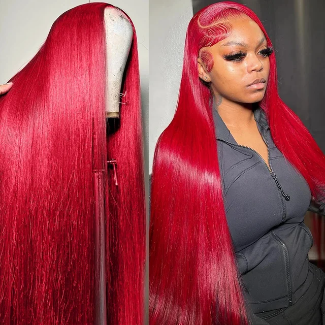 30 40 pouces brésilien rouge chaud 13x6 HD dentelle avant perruques perruque de cheveux humains 200% rouge couleur droite 13X4 dentelle frontale perruque pour les femmes 1