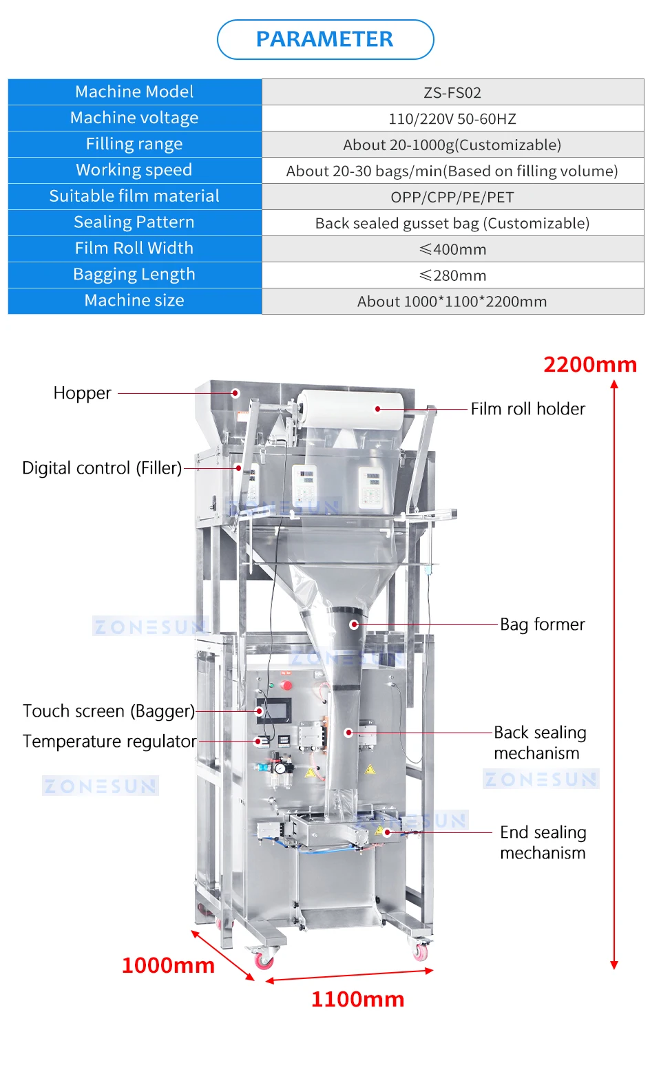 ZONESUN ZS-FS02 Particle Filling and Sealing Machine VFFS Packaging