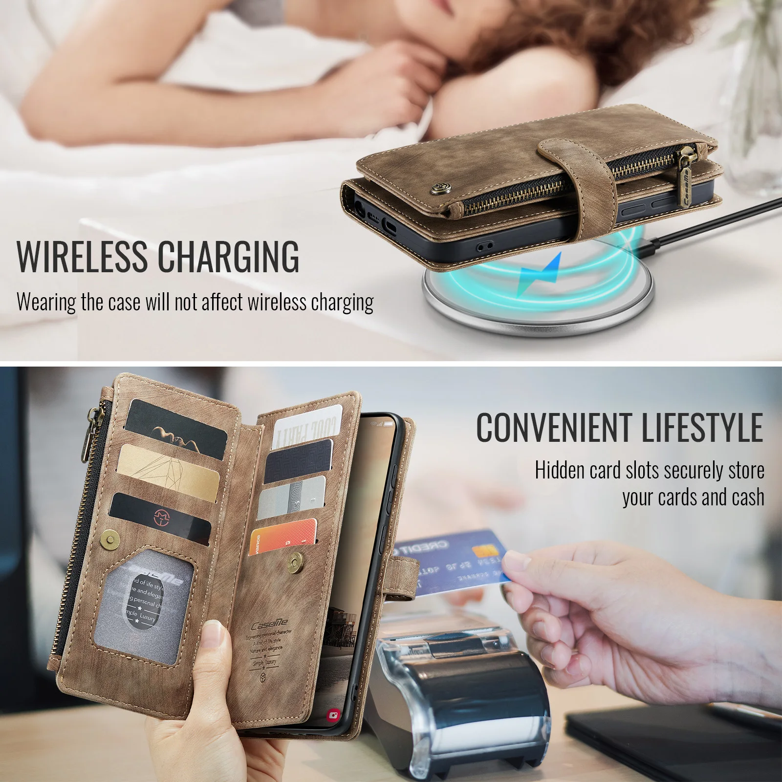 Zipper Flip Wallet Leather Phone Case with Lanyard and Wireless Charging Capability