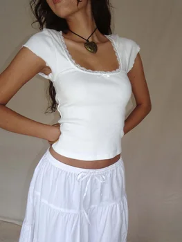 Camiseta Vintage y2k para bebé, camiseta de punto con ribete de encaje de cabaña, camiseta de manga corta con cuello cuadrado de verano para mujer, Top corto blanco de la lechera 1