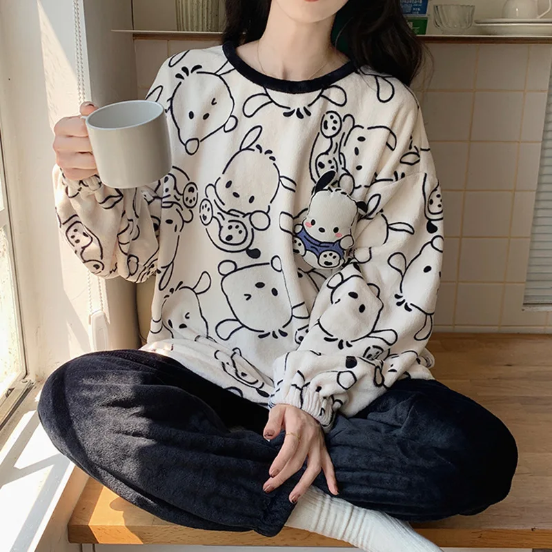 

Sanrios Anime Pochacco Plush Pajamas Suit Cartoon Cute Flannel Nightgown 2Pcs Winter Warm Thickened Pullover Home Wear Girl Gift