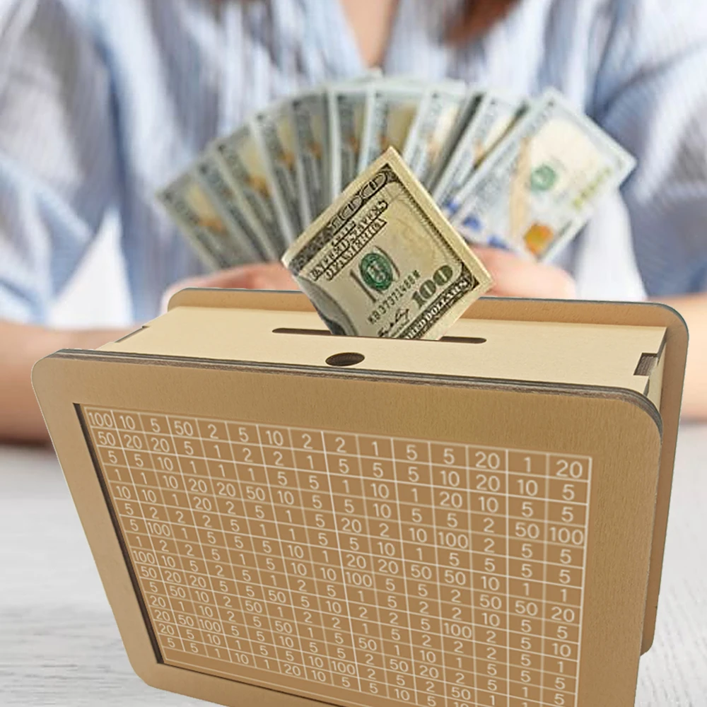 Wooden Money Box Savings Box with Currency Target and Numbers 1pc
